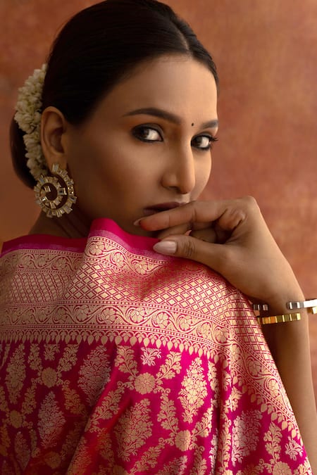 Shop_Neitri_Pink Silk Embroidery, Zari Peony Handwoven Saree With Running Blouse _at_Aza_Fashions