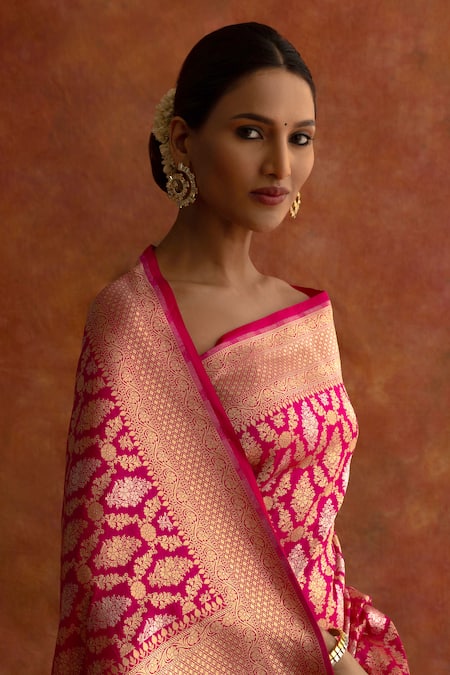 Shop_Neitri_Pink Silk Embroidery, Zari Peony Handwoven Saree With Running Blouse _Online_at_Aza_Fashions