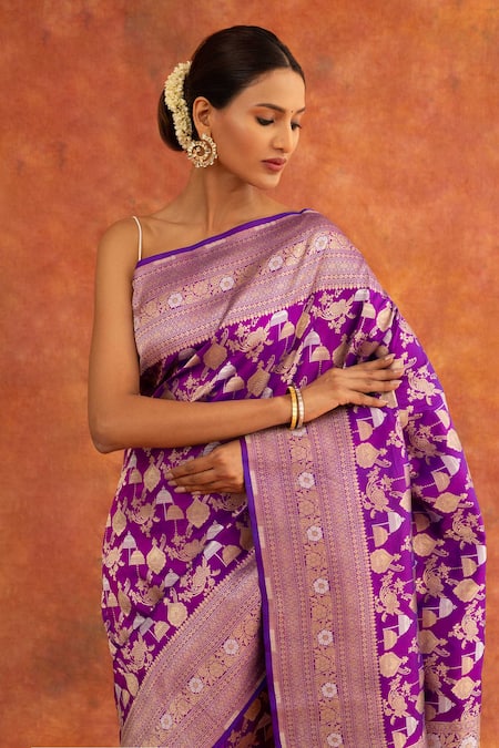 Neitri Purple Silk Embroidery Handwoven Saree With Running Blouse Piece Online at Aza Fashions Neitri_Purple Silk Embroidery Handwoven Saree With Running Blouse Piece_Online_at_Aza_Fashions