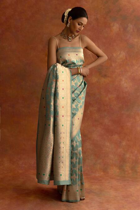 Neitri_Blue Silk, Brocade Embroidery Zinnia Handwoven Saree With Running Blouse _Online_at_Aza_Fashions