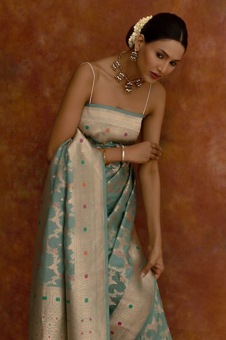 Buy_Neitri_Blue Silk, Brocade Embroidery Zinnia Handwoven Saree With Running Blouse _Online_at_Aza_Fashions