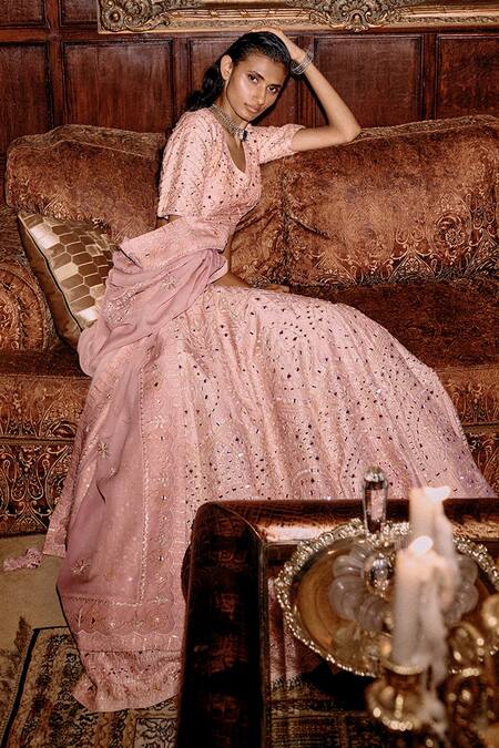 Saundh_Pink Brocade, Silk, Organza Kumari Bahara And Embroidered Bridal Lehenga Set_Online_at_Aza_Fashions