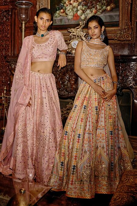 Buy_Saundh_Pink Brocade, Silk, Organza Kumari Bahara And Embroidered Bridal Lehenga Set_Online_at_Aza_Fashions