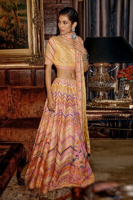 Saundh Yellow Blouse Raw Silk Ahilya Chevron Flora And Embroidered Bridal Lehenga Set 