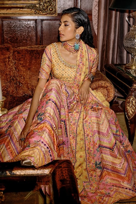 Saundh_Yellow Organza, Silk Ahilya Chevron Flora Print And Embroidered Bridal Lehenga Set_Online_at_Aza_Fashions