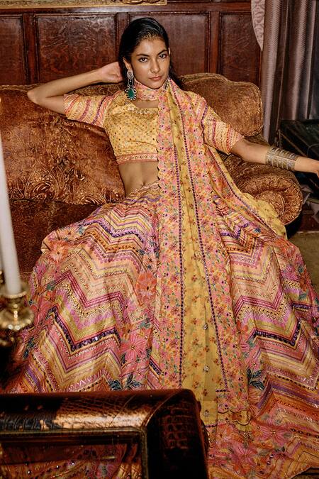 Buy_Saundh_Yellow Organza, Silk Ahilya Chevron Flora Print And Embroidered Bridal Lehenga Set_Online_at_Aza_Fashions