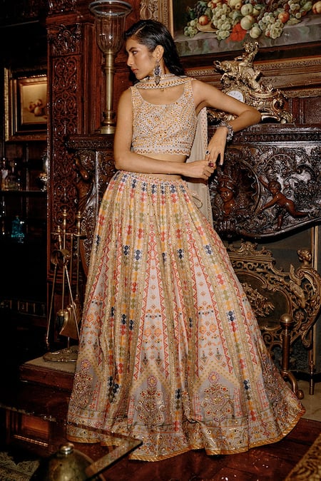 Saundh Padmini Mosaic Bloom Print & Embroidered Bridal Lehenga Set 