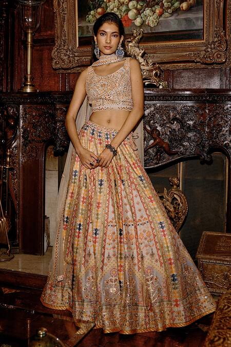 Shop Saundh Grey Brocade, Padmini Mosaic Bloom Print And Embroidered Bridal Lehenga Set at Aza Fashions Shop_Saundh_Grey Brocade, Padmini Mosaic Bloom Print And Embroidered Bridal Lehenga Set_at_Aza_Fashions