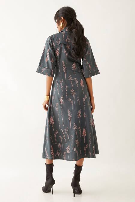 Shop Son Of A Noble Snob Grey Cotton Satin Print Botanica Lapel Collar Leah Forest Dress at Aza Fashions Shop_Son Of A Noble Snob_Grey Cotton Satin Print Botanica Lapel Collar Leah Forest Dress _at_Aza_Fashions