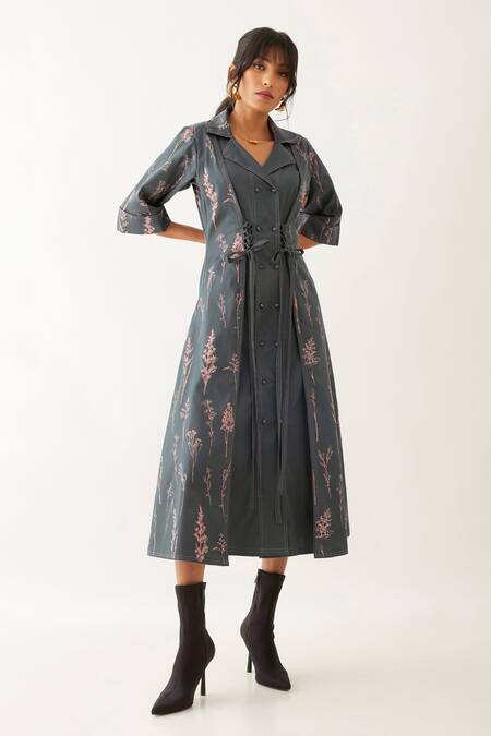 Son Of A Noble Snob Grey Cotton Satin Print Botanica Lapel Collar Leah Forest Dress Online at Aza Fashions Son Of A Noble Snob_Grey Cotton Satin Print Botanica Lapel Collar Leah Forest Dress _Online_at_Aza_Fashions