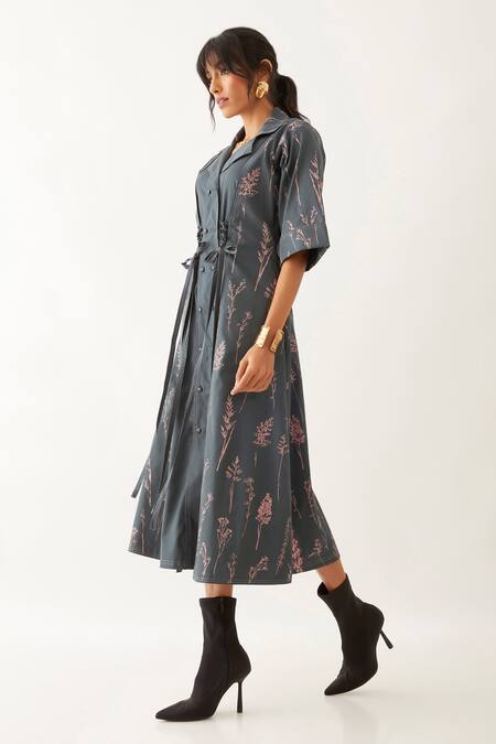 Buy Son Of A Noble Snob Grey Cotton Satin Print Botanica Lapel Collar Leah Forest Dress Online at Aza Fashions Buy_Son Of A Noble Snob_Grey Cotton Satin Print Botanica Lapel Collar Leah Forest Dress _Online_at_Aza_Fashions