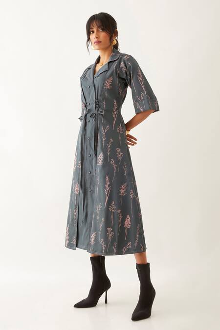 Shop Son Of A Noble Snob Grey Cotton Satin Print Botanica Lapel Collar Leah Forest Dress Online at Aza Fashions Shop_Son Of A Noble Snob_Grey Cotton Satin Print Botanica Lapel Collar Leah Forest Dress _Online_at_Aza_Fashions