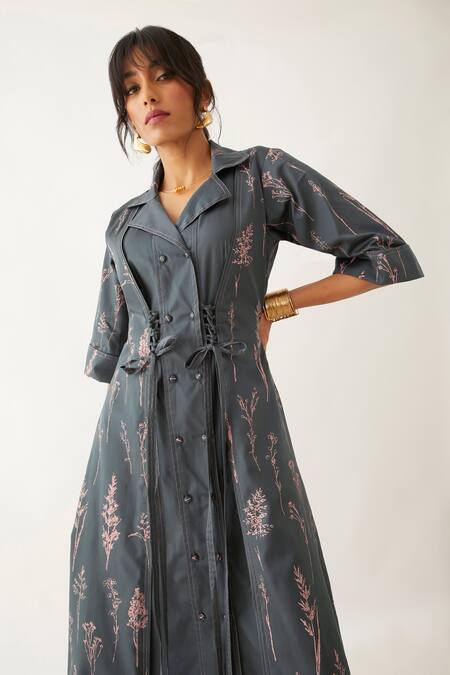 Son Of A Noble Snob Grey Cotton Satin Print Botanica Lapel Collar Leah Forest Dress at Aza Fashions Son Of A Noble Snob_Grey Cotton Satin Print Botanica Lapel Collar Leah Forest Dress _at_Aza_Fashions