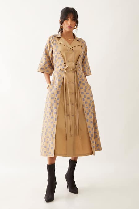 Son Of A Noble Snob_Beige Cotton Satin Print Clock Work Lapel Collar Leah Sand Dress _Online_at_Aza_Fashions