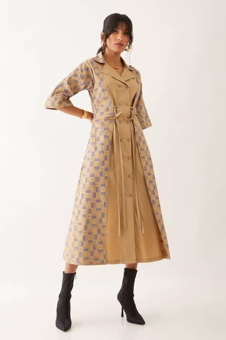 Buy_Son Of A Noble Snob_Beige Cotton Satin Print Clock Work Lapel Collar Leah Sand Dress _Online_at_Aza_Fashions