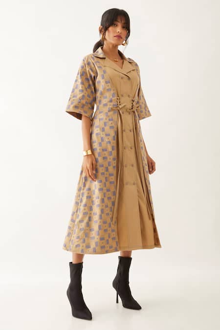 Shop_Son Of A Noble Snob_Beige Cotton Satin Print Clock Work Lapel Collar Leah Sand Dress _Online_at_Aza_Fashions