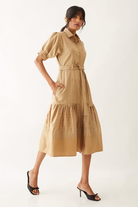 Son Of A Noble Snob_Beige Cotton Satin Print Lanes Collared Leni Sand Dress _Online_at_Aza_Fashions