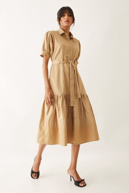 Buy_Son Of A Noble Snob_Beige Cotton Satin Print Lanes Collared Leni Sand Dress _Online_at_Aza_Fashions