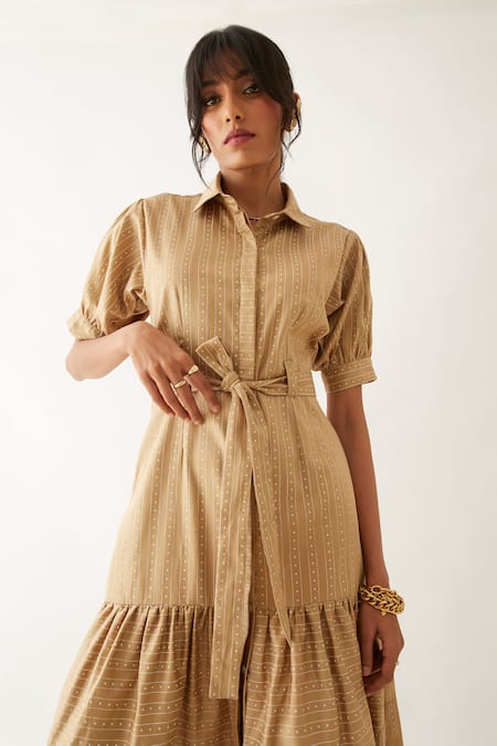 Shop_Son Of A Noble Snob_Beige Cotton Satin Print Lanes Collared Leni Sand Dress _Online_at_Aza_Fashions