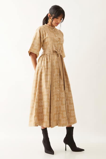 Son Of A Noble Snob_Beige Cotton Satin Mandarin Collar Malta Floral Print Dress _Online_at_Aza_Fashions