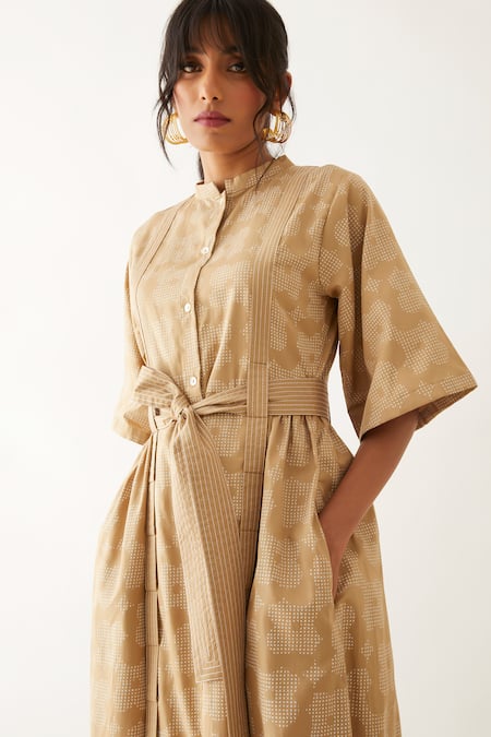 Buy_Son Of A Noble Snob_Beige Cotton Satin Mandarin Collar Malta Floral Print Dress _Online_at_Aza_Fashions