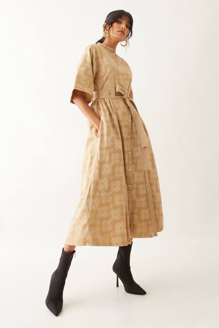 Shop_Son Of A Noble Snob_Beige Cotton Satin Mandarin Collar Malta Floral Print Dress _Online_at_Aza_Fashions