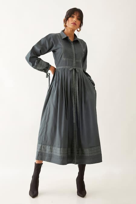 Son Of A Noble Snob_Grey Cotton Satin Print Lanes Collared Masa Forest Panelled Dress _Online_at_Aza_Fashions