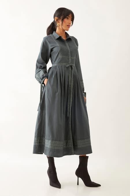 Buy_Son Of A Noble Snob_Grey Cotton Satin Print Lanes Collared Masa Forest Panelled Dress _Online_at_Aza_Fashions