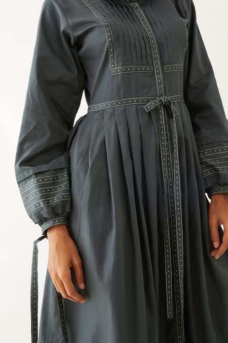 Shop_Son Of A Noble Snob_Grey Cotton Satin Print Lanes Collared Masa Forest Panelled Dress _Online_at_Aza_Fashions