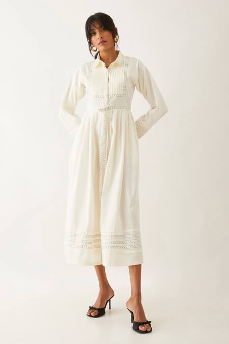 Son Of A Noble Snob_Off White Cotton Satin Print Lanes Collared Masa Forest Panelled Dress _Online_at_Aza_Fashions