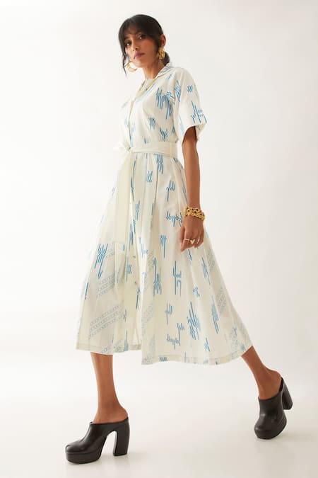 Shop_Son Of A Noble Snob_Off White Cotton Satin Print Carnival Collared Miyoko Dress _Online_at_Aza_Fashions