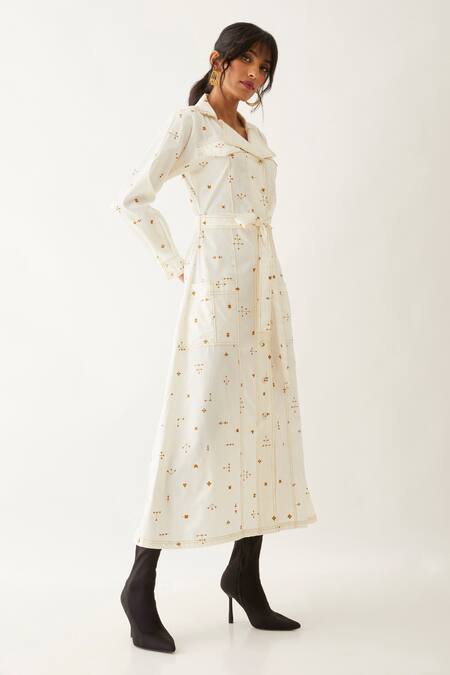 Son Of A Noble Snob_Off White Cotton Satin Print Elements Lapel Collar Molly Dress _Online_at_Aza_Fashions