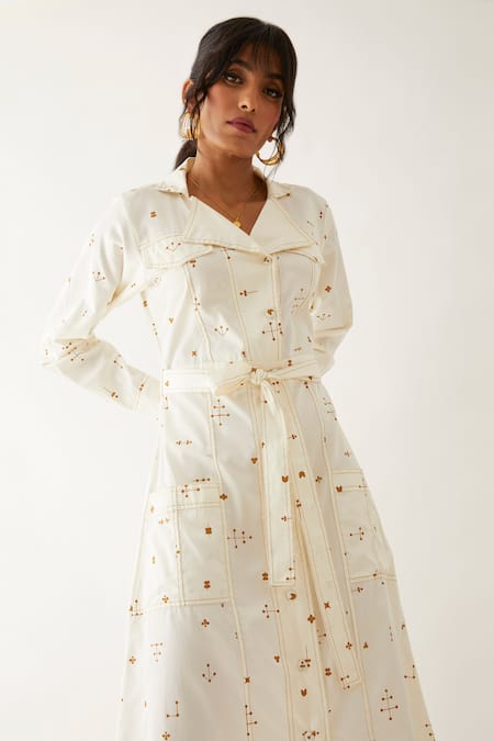 Shop_Son Of A Noble Snob_Off White Cotton Satin Print Elements Lapel Collar Molly Dress _Online_at_Aza_Fashions