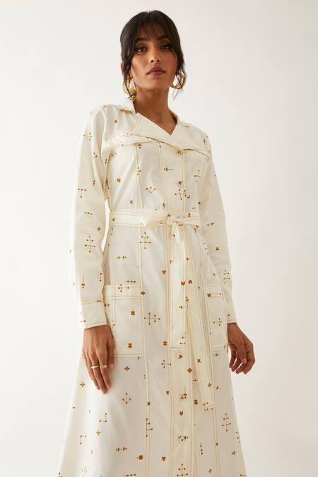 Son Of A Noble Snob_Off White Cotton Satin Print Elements Lapel Collar Molly Dress _at_Aza_Fashions