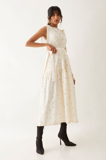 Son Of A Noble Snob_Off White Cotton Satin Print Elements Round Neck Nadia Belted Dress _Online_at_Aza_Fashions
