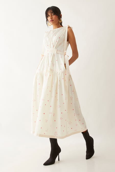 Buy_Son Of A Noble Snob_Off White Cotton Satin Print Elements Round Neck Nadia Belted Dress _Online_at_Aza_Fashions