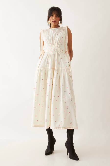 Shop_Son Of A Noble Snob_Off White Cotton Satin Print Elements Round Neck Nadia Belted Dress _Online_at_Aza_Fashions