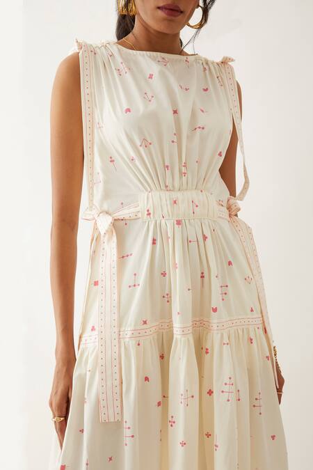 Son Of A Noble Snob_Off White Cotton Satin Print Elements Round Neck Nadia Belted Dress _at_Aza_Fashions
