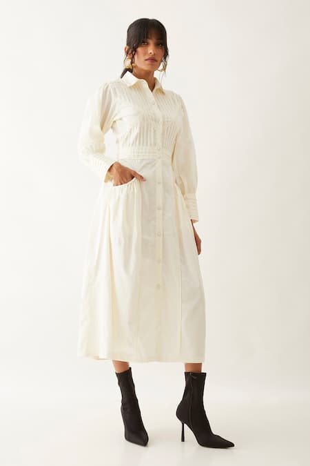 Son Of A Noble Snob_Off White Cotton Satin Plain Collared Noah Pleated Bodice Midi Dress _Online_at_Aza_Fashions