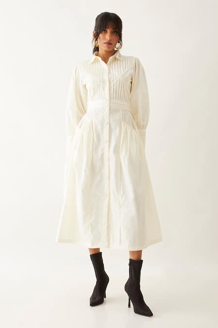 Buy_Son Of A Noble Snob_Off White Cotton Satin Plain Collared Noah Pleated Bodice Midi Dress _Online_at_Aza_Fashions