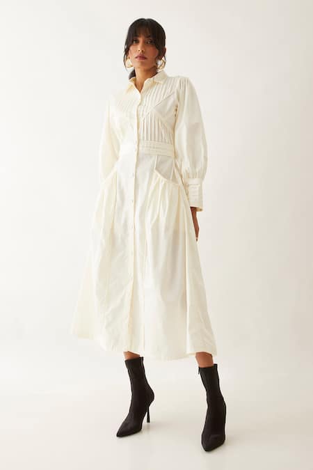 Shop_Son Of A Noble Snob_Off White Cotton Satin Plain Collared Noah Pleated Bodice Midi Dress _Online_at_Aza_Fashions