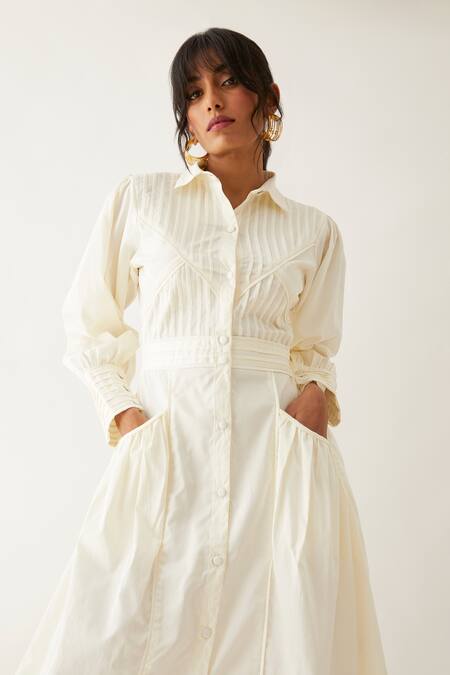 Son Of A Noble Snob_Off White Cotton Satin Plain Collared Noah Pleated Bodice Midi Dress _at_Aza_Fashions