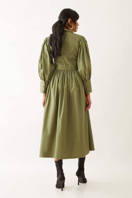 Shop_Son Of A Noble Snob_Green Cotton Satin Collared Noah Plain Pleated Bodice Midi Dress _at_Aza_Fashions