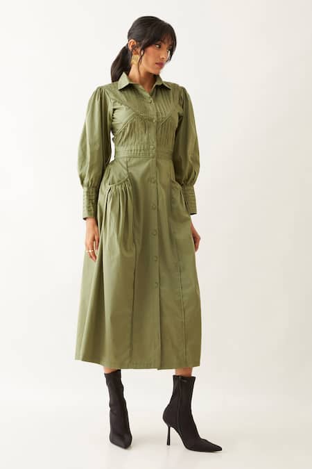 Son Of A Noble Snob_Green Cotton Satin Collared Noah Plain Pleated Bodice Midi Dress _Online_at_Aza_Fashions