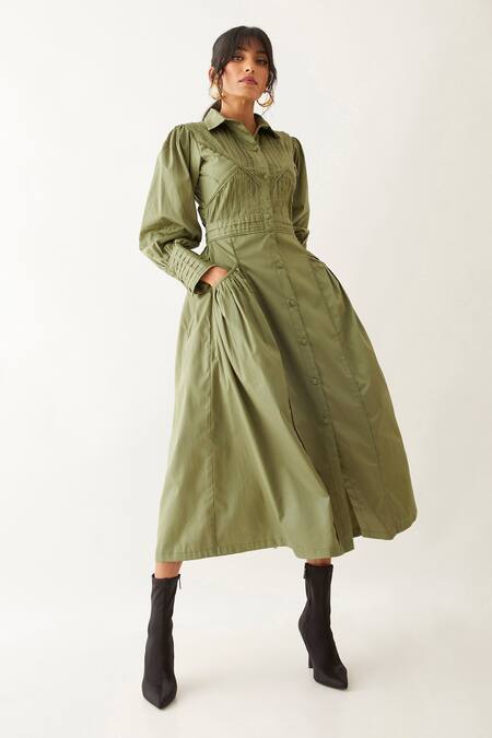 Buy_Son Of A Noble Snob_Green Cotton Satin Collared Noah Plain Pleated Bodice Midi Dress _Online_at_Aza_Fashions