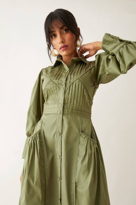 Shop_Son Of A Noble Snob_Green Cotton Satin Collared Noah Plain Pleated Bodice Midi Dress _Online_at_Aza_Fashions