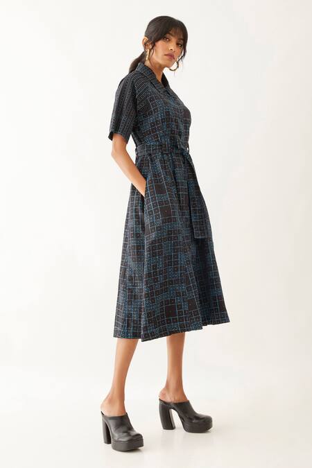 Son Of A Noble Snob_Black Cotton Satin Print Domino Collared Plume Dress _Online_at_Aza_Fashions