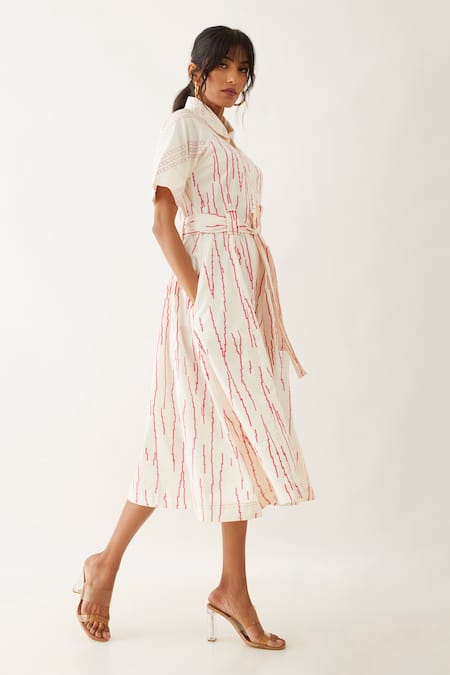 Son Of A Noble Snob_Off White Cotton Satin Print Rain Collared Plume Dress _Online_at_Aza_Fashions