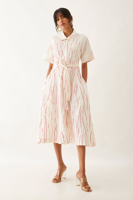 Buy_Son Of A Noble Snob_Off White Cotton Satin Print Rain Collared Plume Dress _Online_at_Aza_Fashions