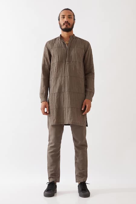 Son Of A Noble Snob_Grey Cotton, Linen Mateo Pintucked Kurta With Trouser _Online_at_Aza_Fashions